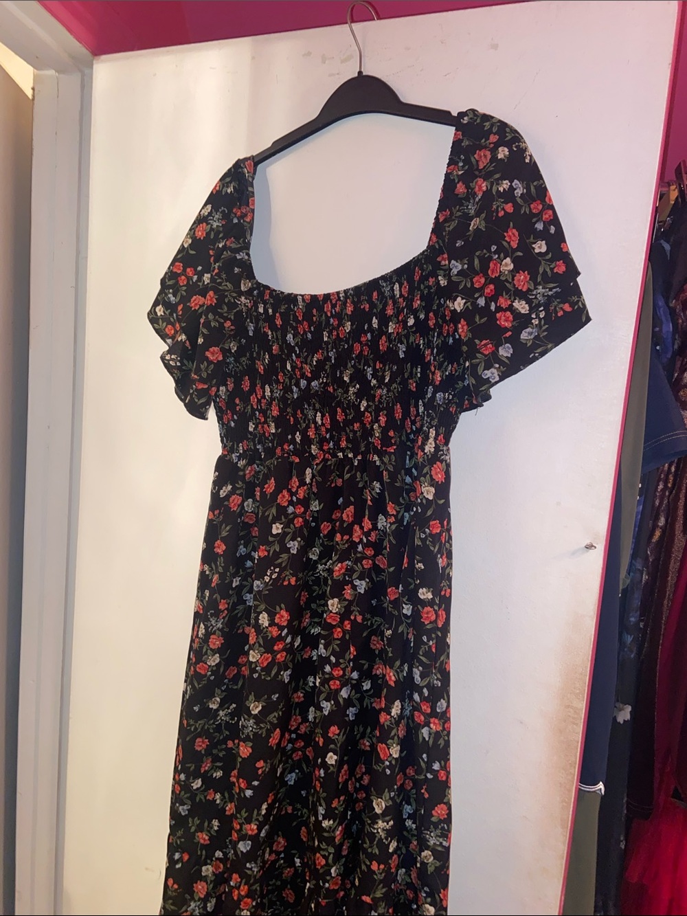SHEIN Black Maxi Dress with Red and Green Floral Print